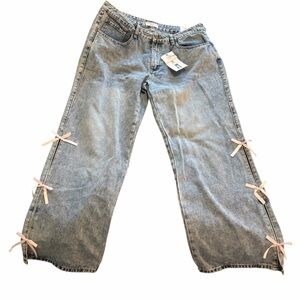 Rise Supply Wide Leg Jeans Juniors 17 Gray Pink Bow Detail Y2K